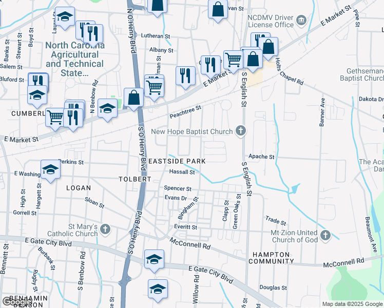 map of restaurants, bars, coffee shops, grocery stores, and more near 320 Gant Street in Greensboro