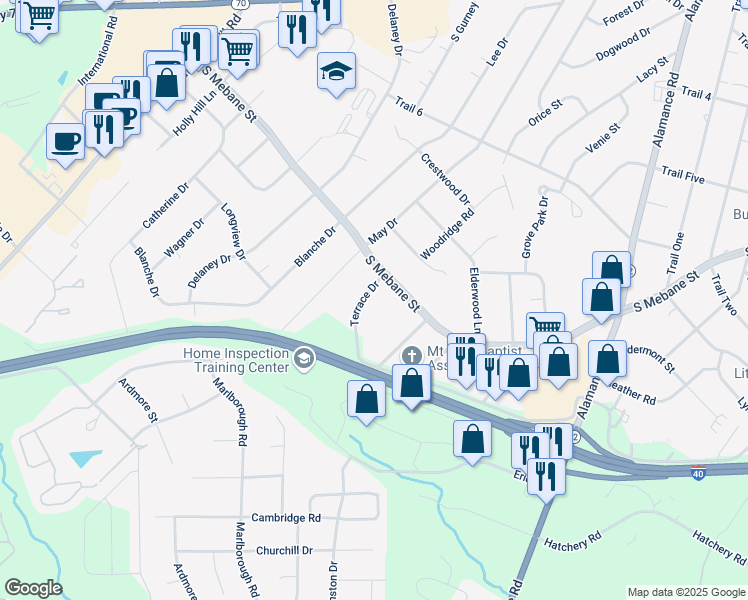map of restaurants, bars, coffee shops, grocery stores, and more near 2720 Terrace Drive in Burlington