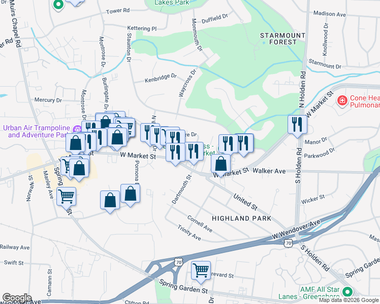map of restaurants, bars, coffee shops, grocery stores, and more near 105 Revere Drive in Greensboro