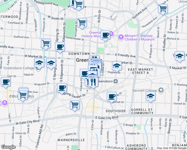 map of restaurants, bars, coffee shops, grocery stores, and more near 100 West Washington Street in Greensboro