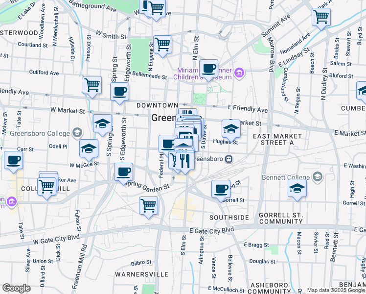 map of restaurants, bars, coffee shops, grocery stores, and more near 100 West Washington Street in Greensboro
