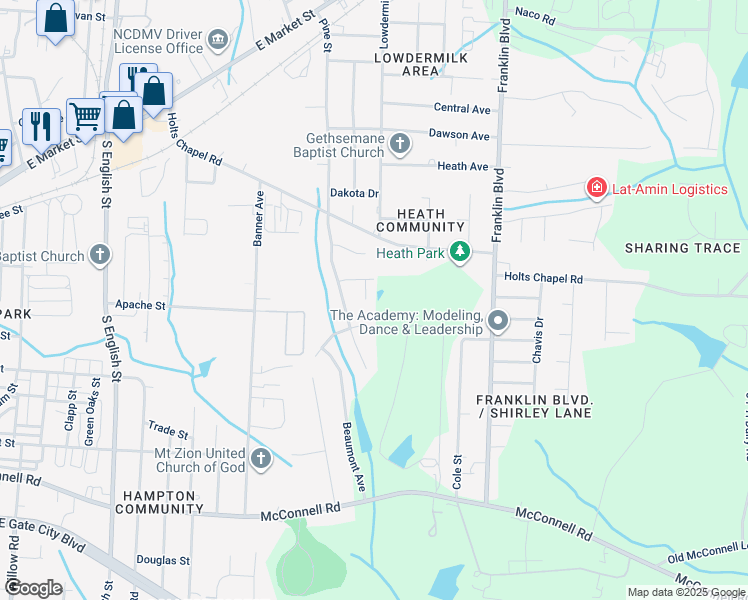 map of restaurants, bars, coffee shops, grocery stores, and more near 7 Elaine Wright Court in Greensboro