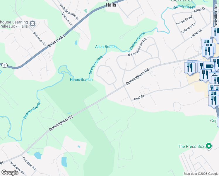 map of restaurants, bars, coffee shops, grocery stores, and more near 7105 West Chermont Circle in Knoxville