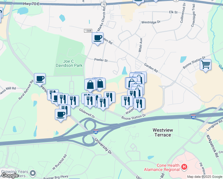 map of restaurants, bars, coffee shops, grocery stores, and more near 1361 Boone Station Drive in Burlington