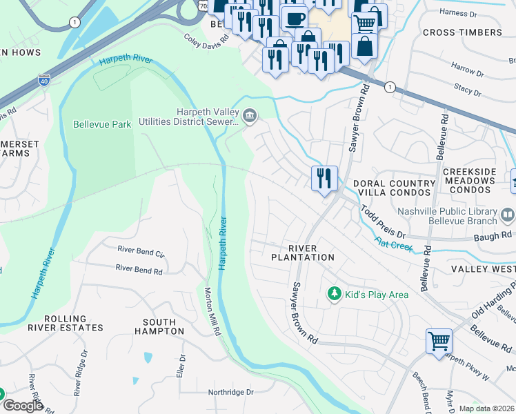 map of restaurants, bars, coffee shops, grocery stores, and more near 1333 General George Patton Road in Nashville
