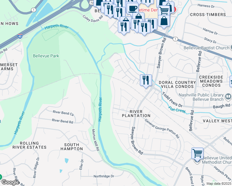 map of restaurants, bars, coffee shops, grocery stores, and more near 1333 General George Patton Road in Nashville