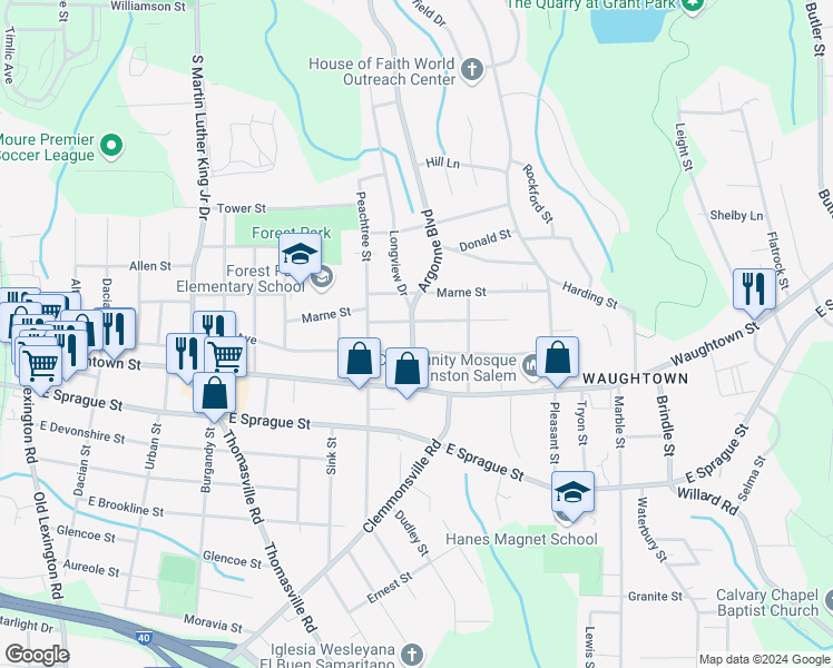 map of restaurants, bars, coffee shops, grocery stores, and more near 1909 Longview Drive in Winston-Salem