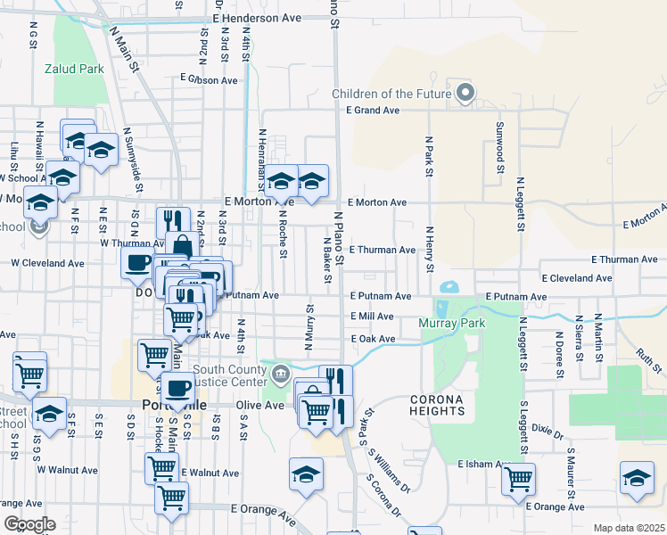 map of restaurants, bars, coffee shops, grocery stores, and more near 279 North Plano Street in Porterville