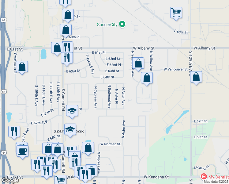 map of restaurants, bars, coffee shops, grocery stores, and more near 1902 North Aster Place in Broken Arrow