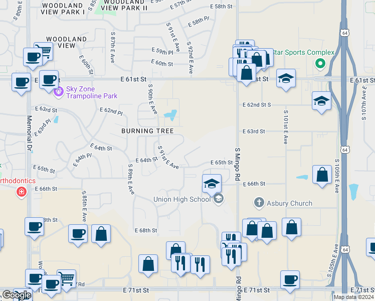 map of restaurants, bars, coffee shops, grocery stores, and more near 9305 East 64th Street in Tulsa