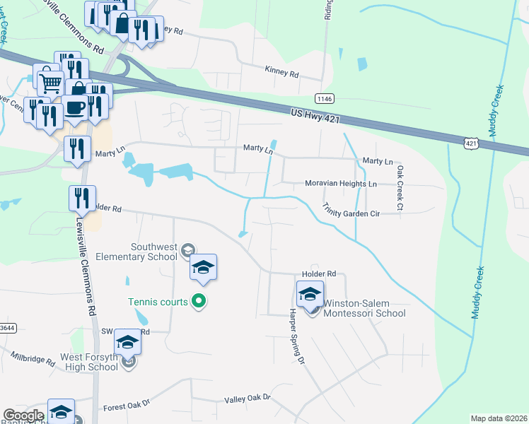 map of restaurants, bars, coffee shops, grocery stores, and more near 6320 Langdon Village Court in Clemmons