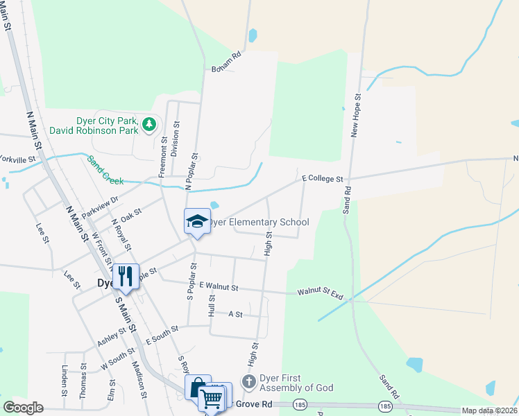 map of restaurants, bars, coffee shops, grocery stores, and more near 413 E College St in Dyer