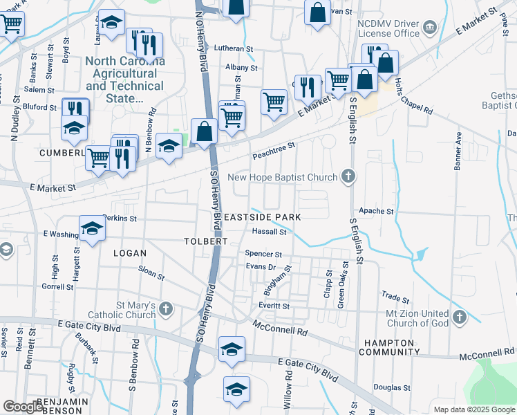 map of restaurants, bars, coffee shops, grocery stores, and more near 310 York Street in Greensboro