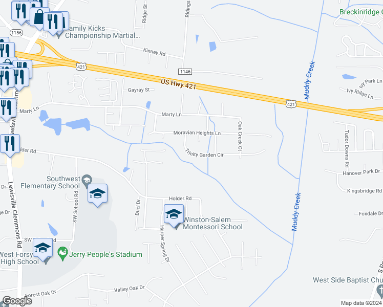 map of restaurants, bars, coffee shops, grocery stores, and more near Trinity Garden Circle in Clemmons