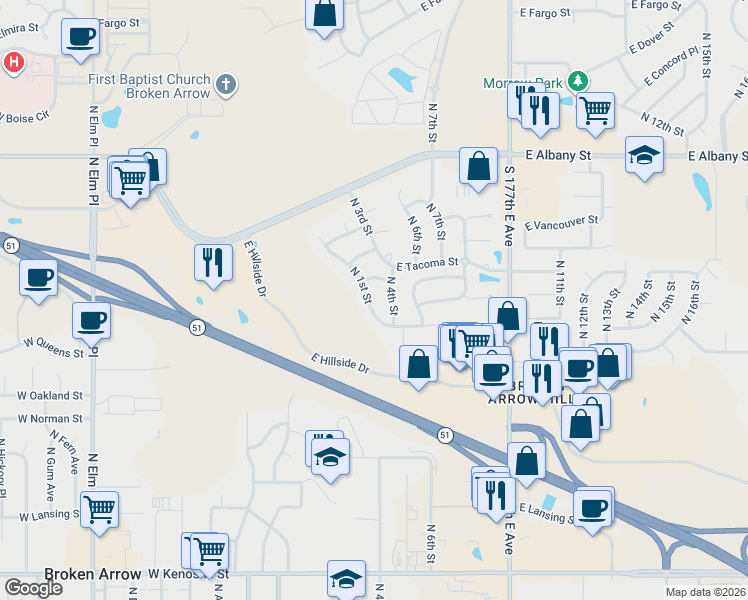 map of restaurants, bars, coffee shops, grocery stores, and more near 1813 North 1st Street in Broken Arrow