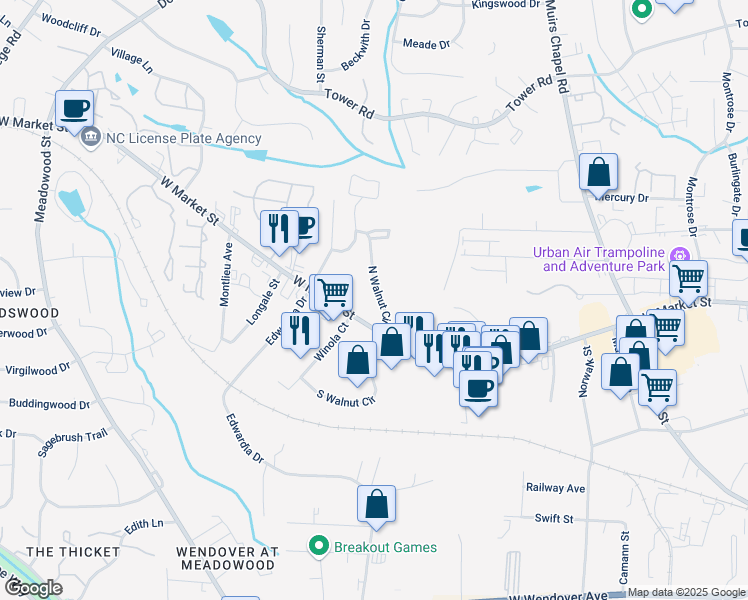map of restaurants, bars, coffee shops, grocery stores, and more near 109 North Walnut Circle in Greensboro