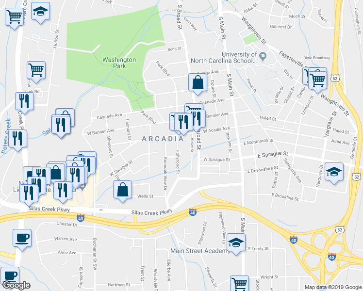 map of restaurants, bars, coffee shops, grocery stores, and more near 2119 Hollyrood Street in Winston-Salem