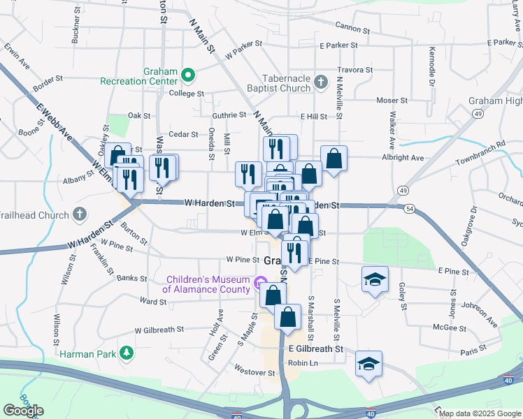 map of restaurants, bars, coffee shops, grocery stores, and more near 200-206 West Harden Street in Graham