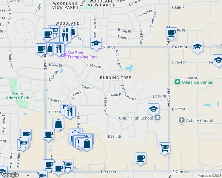 map of restaurants, bars, coffee shops, grocery stores, and more near 6327 South 90th East Avenue in Tulsa