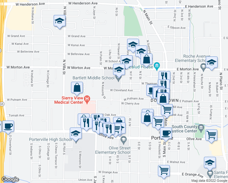 map of restaurants, bars, coffee shops, grocery stores, and more near 295 West Cleveland Avenue in Porterville