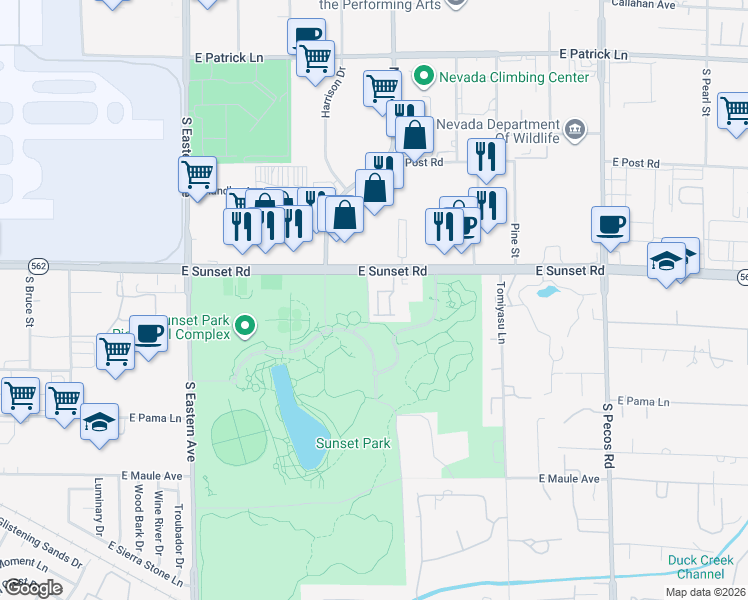 map of restaurants, bars, coffee shops, grocery stores, and more near 3015 East Sunset Road in Las Vegas