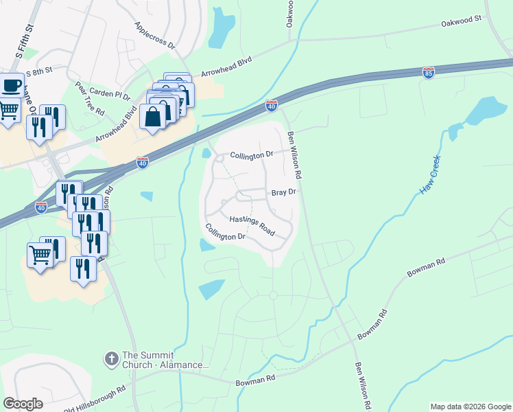 map of restaurants, bars, coffee shops, grocery stores, and more near 207 Haywards Lane in Mebane