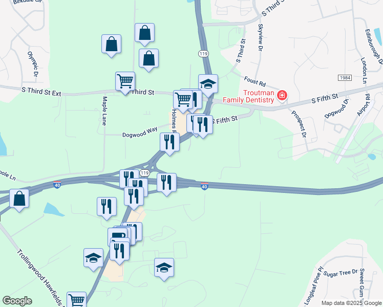 map of restaurants, bars, coffee shops, grocery stores, and more near 1241 South Fifth Street in Mebane