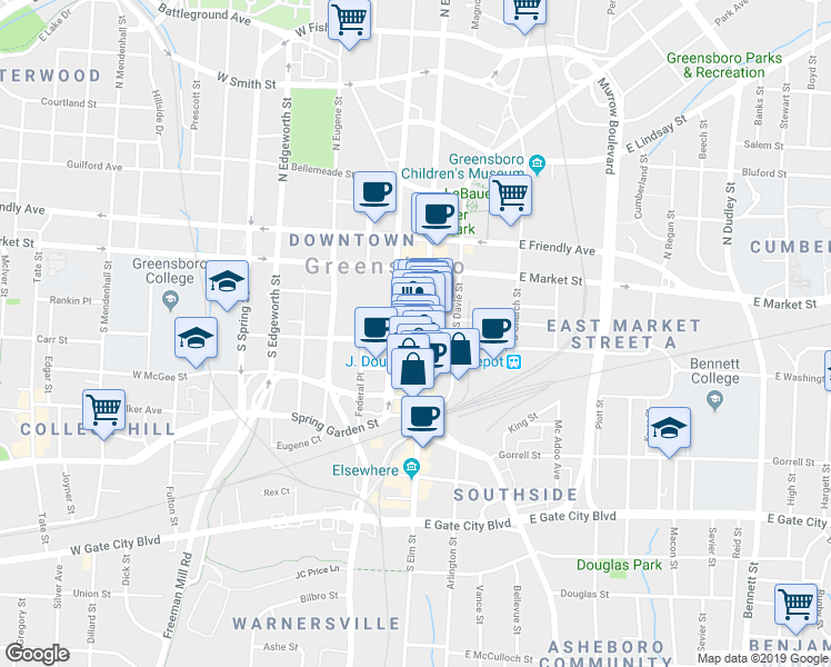 map of restaurants, bars, coffee shops, grocery stores, and more near 100 West Washington Street in Greensboro