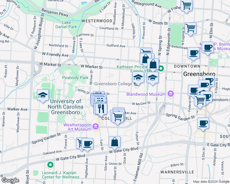 map of restaurants, bars, coffee shops, grocery stores, and more near 222 South Mendenhall Street in Greensboro