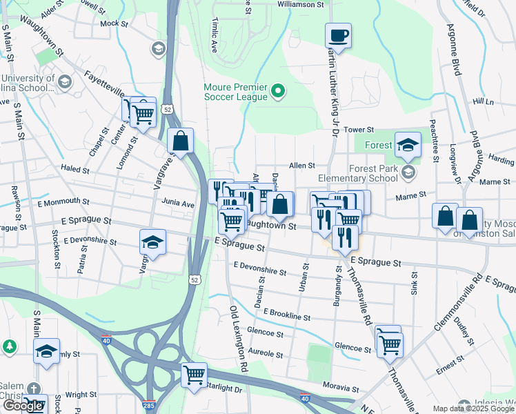 map of restaurants, bars, coffee shops, grocery stores, and more near 645 Junia Avenue in Winston-Salem