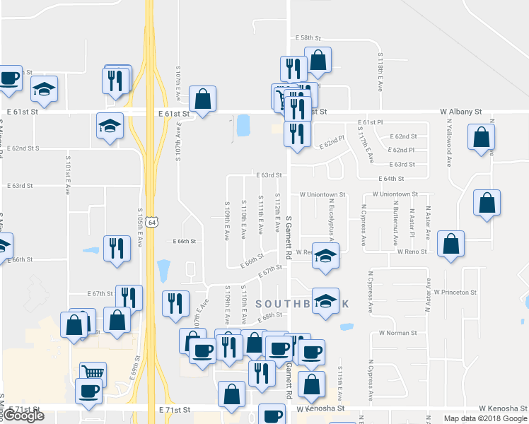 map of restaurants, bars, coffee shops, grocery stores, and more near 6422 South 111th East Avenue in Tulsa