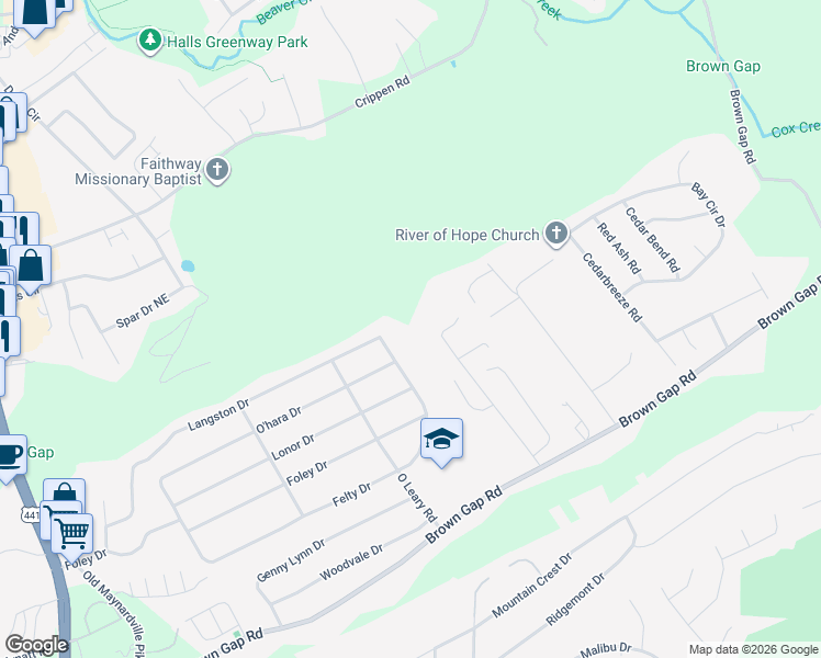 map of restaurants, bars, coffee shops, grocery stores, and more near 6535 Bob Varner Road in Knoxville