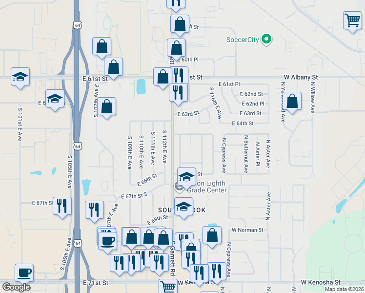 map of restaurants, bars, coffee shops, grocery stores, and more near 1905 North Firewood Avenue in Broken Arrow
