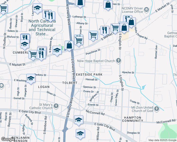 map of restaurants, bars, coffee shops, grocery stores, and more near 310 York Street in Greensboro