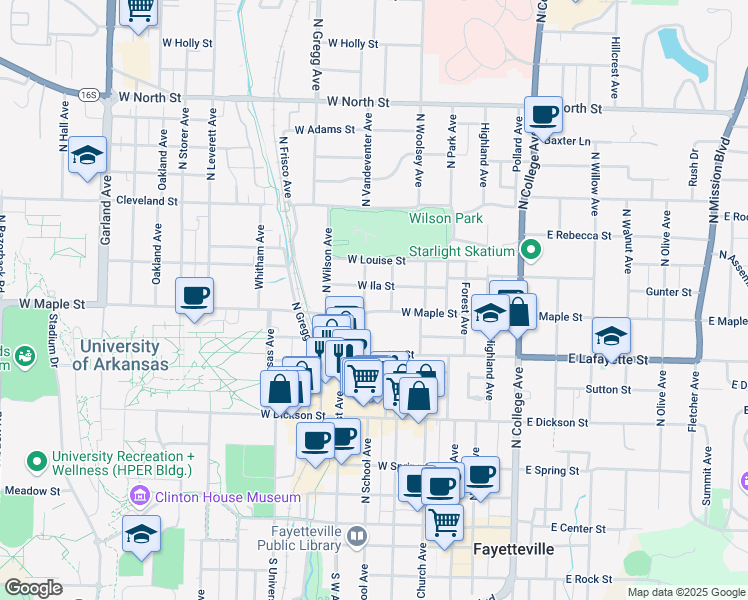 map of restaurants, bars, coffee shops, grocery stores, and more near 328 W Maple St in Fayetteville