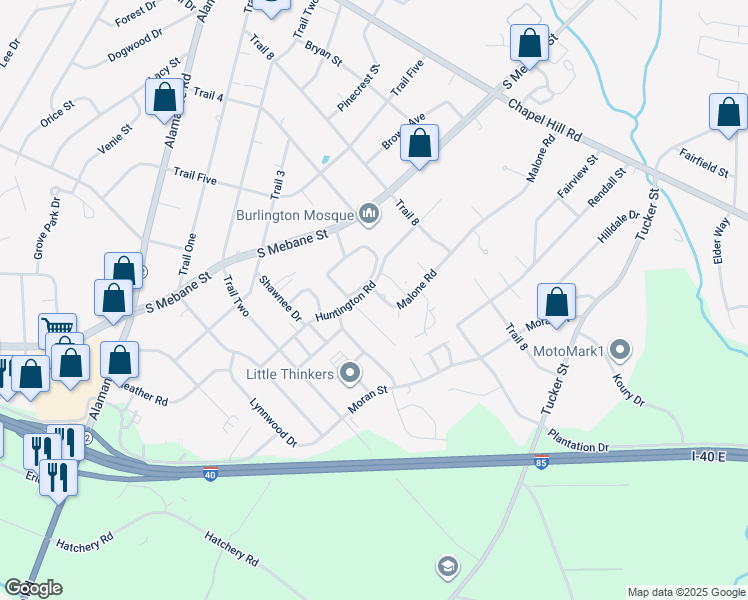 map of restaurants, bars, coffee shops, grocery stores, and more near 2016 Malone Road in Burlington