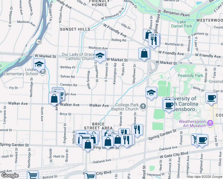 map of restaurants, bars, coffee shops, grocery stores, and more near 219 Kensington Road in Greensboro