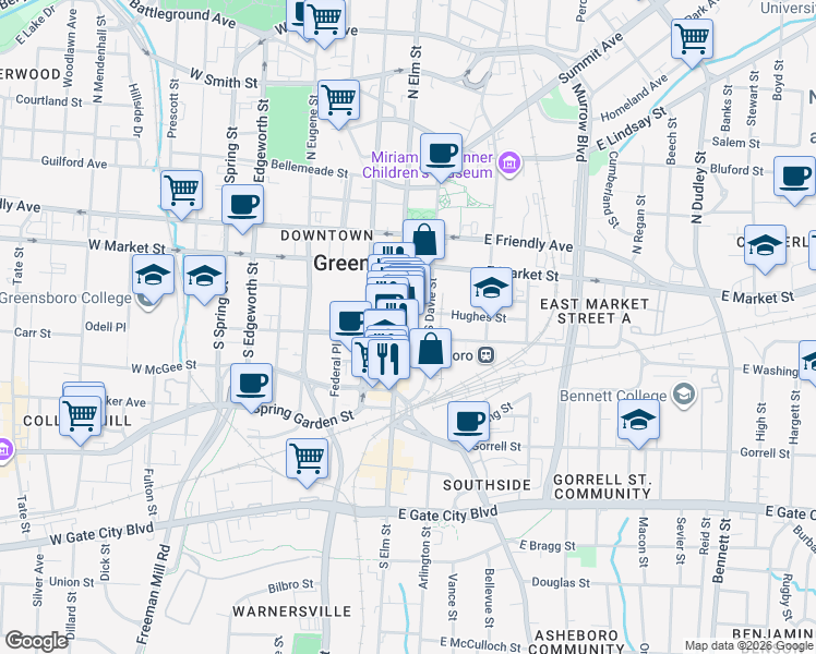 map of restaurants, bars, coffee shops, grocery stores, and more near 221 South Elm Street in Greensboro