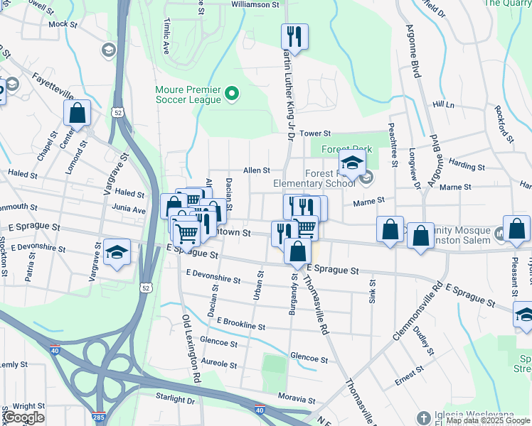 map of restaurants, bars, coffee shops, grocery stores, and more near 2057 Urban St in Winston-Salem