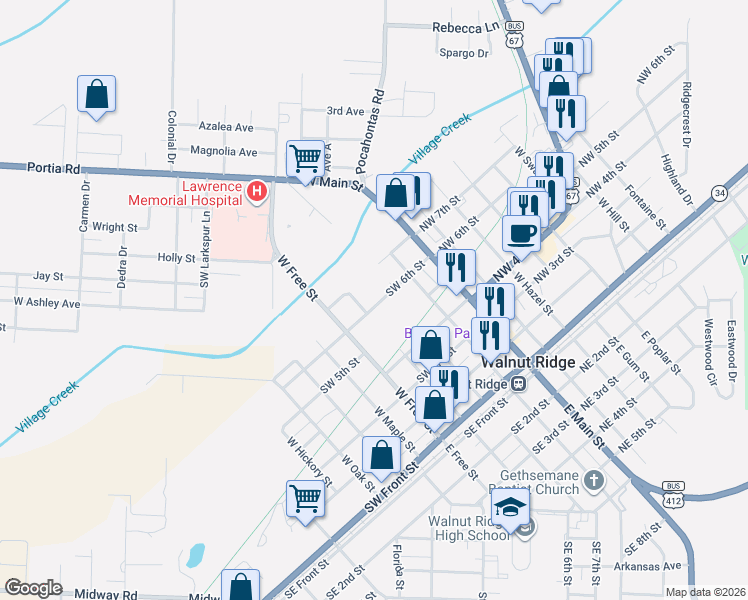 map of restaurants, bars, coffee shops, grocery stores, and more near 610 West Pine Street in Walnut Ridge