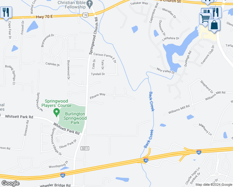 map of restaurants, bars, coffee shops, grocery stores, and more near 1326 Crystal Skye Court in Burlington