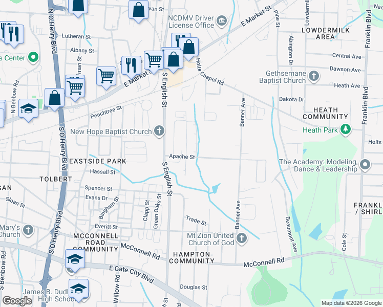 map of restaurants, bars, coffee shops, grocery stores, and more near 307 Avalon Road in Greensboro