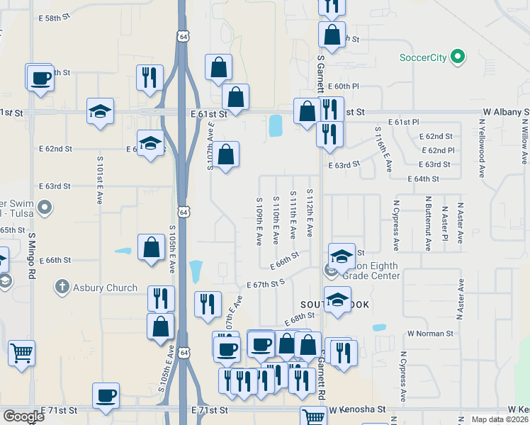map of restaurants, bars, coffee shops, grocery stores, and more near 6421 S 109th E Ave in Tulsa