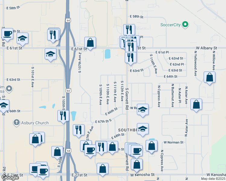 map of restaurants, bars, coffee shops, grocery stores, and more near 6422 South 111th East Avenue in Tulsa