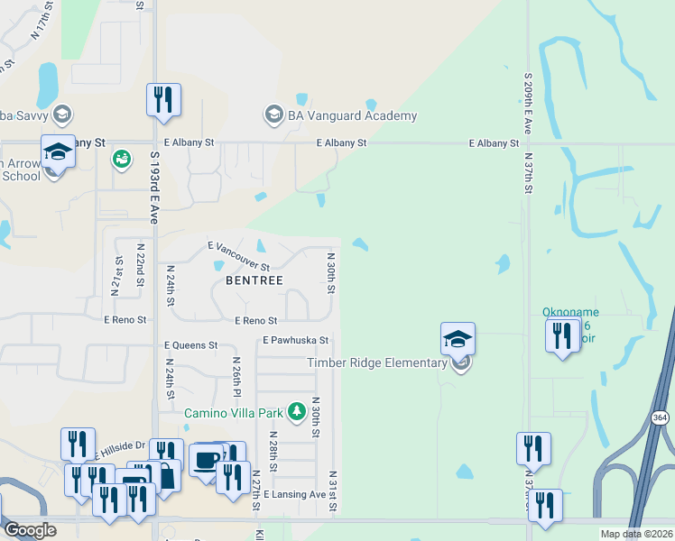 map of restaurants, bars, coffee shops, grocery stores, and more near 1905 North 30th Street in Broken Arrow