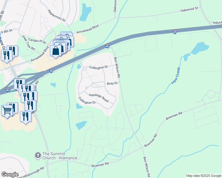 map of restaurants, bars, coffee shops, grocery stores, and more near 908 Collington Drive in Mebane