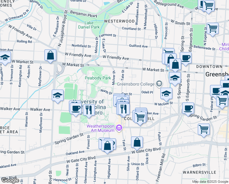 map of restaurants, bars, coffee shops, grocery stores, and more near 217 McIver Street in Greensboro