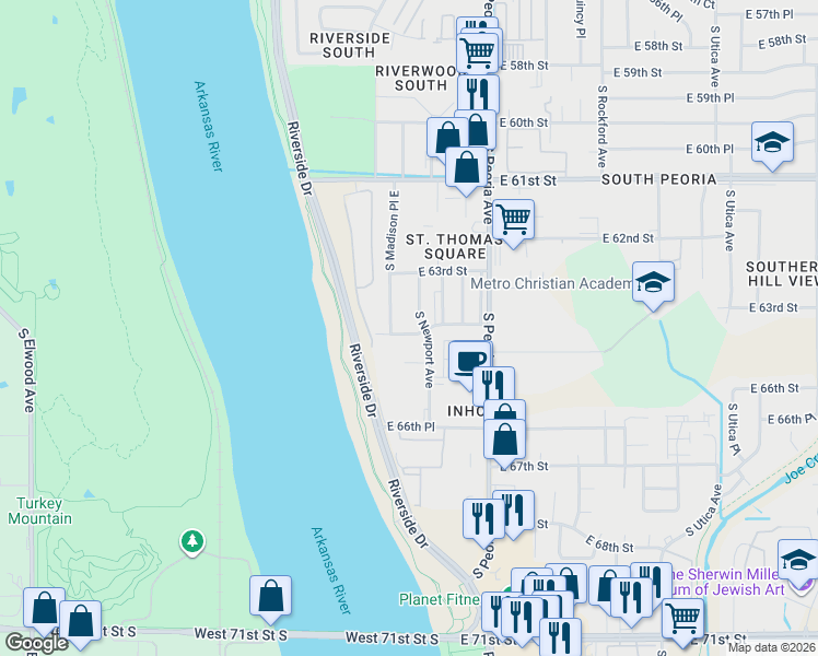 map of restaurants, bars, coffee shops, grocery stores, and more near 6350 South Newport Avenue in Tulsa