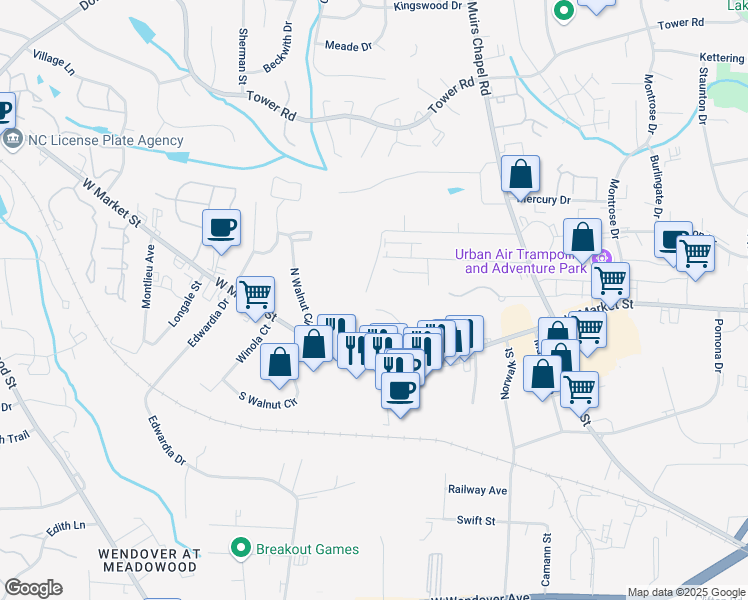 map of restaurants, bars, coffee shops, grocery stores, and more near 124 Thornton Court in Greensboro