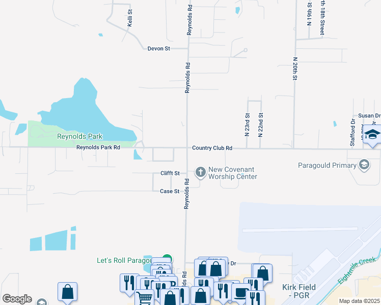 map of restaurants, bars, coffee shops, grocery stores, and more near 1109 Reynolds Road in Paragould